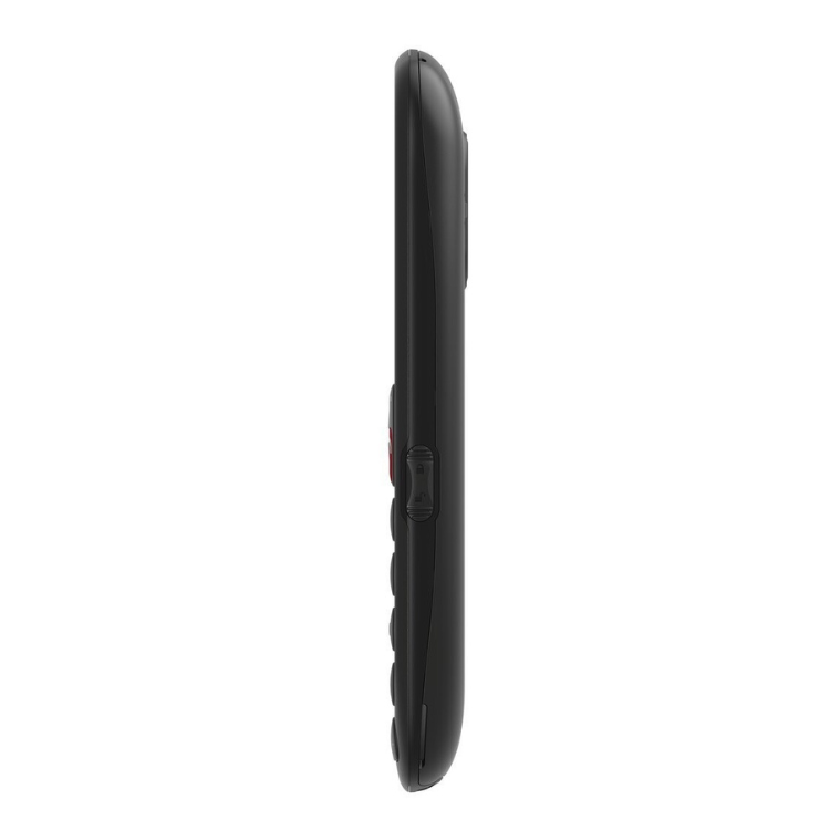 Telemóvel Gigaset GL395 preto virado lateralmente, com botão SOS e teclas grandes.