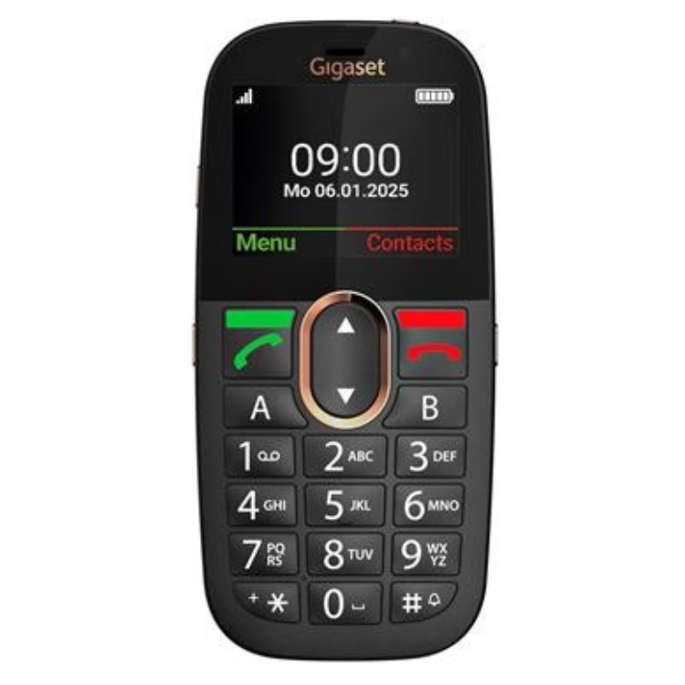 Telemóvel Gigaset GL695 preto com teclado e ecrã a mostrar data e hora.
