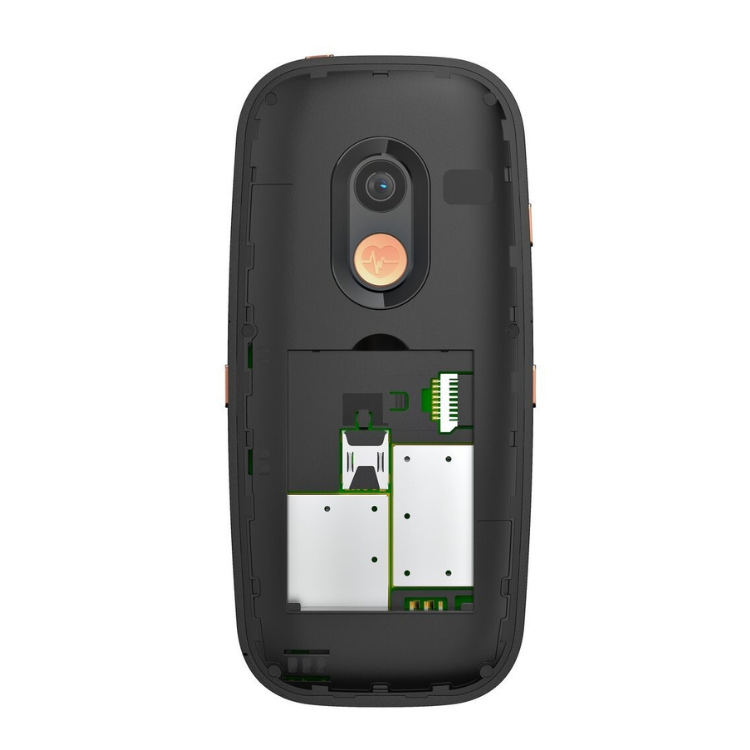 Telemóvel Gigaset GL695 preto aberto, mostrando componentes internos e câmera.