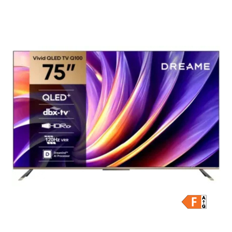 Televisão Dreame Q100 Smart TV 4K QLED 75" roxa com detalhes laranja.