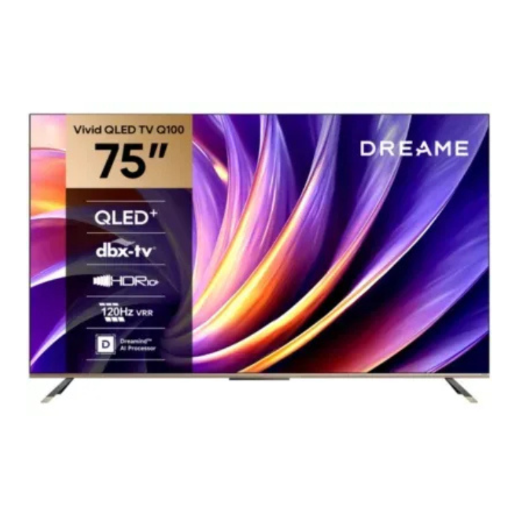 Televisão Dreame Q100 Smart TV 4K QLED 75" com ecrã colorido e detalhes técnicos visíveis.