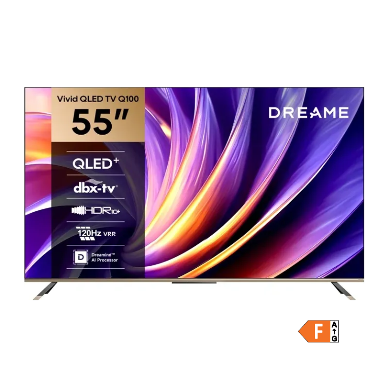 Televisão Dreame Q100 Smart TV 4K QLED 55" com ecrã colorido e logótipo Dreame.