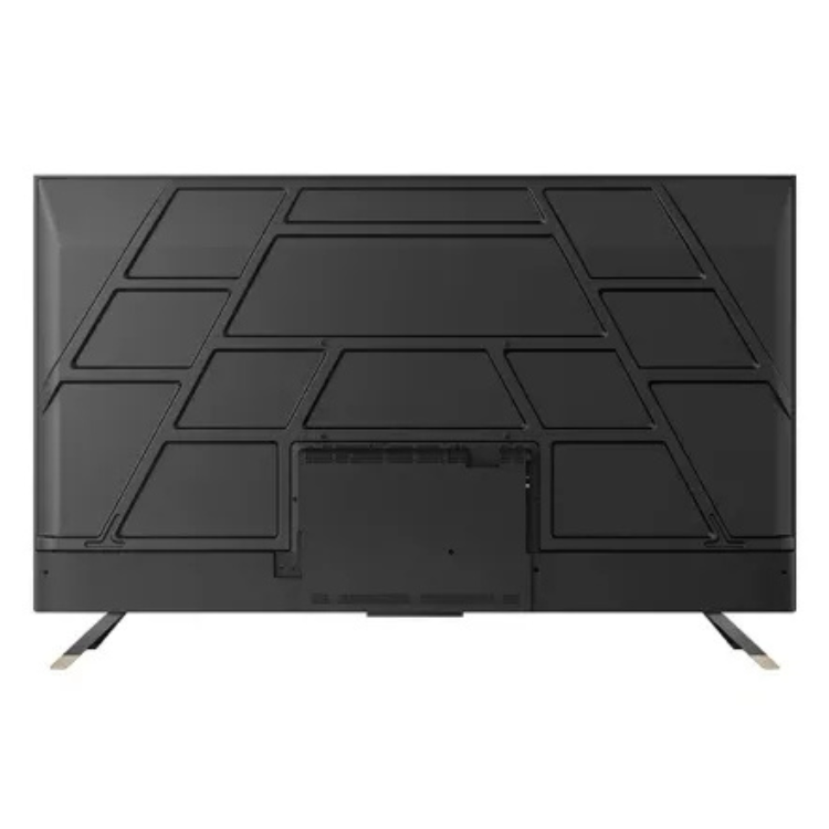 Televisão Dreame Q100 Smart TV 4K QLED 55" preta com detalhes geométricos na parte de trás e suporte para parede.