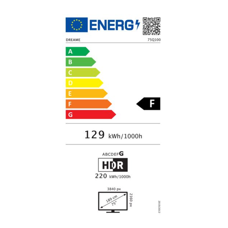 Etiqueta energética Dreame, eficiência F, 129 kWh/1000h.