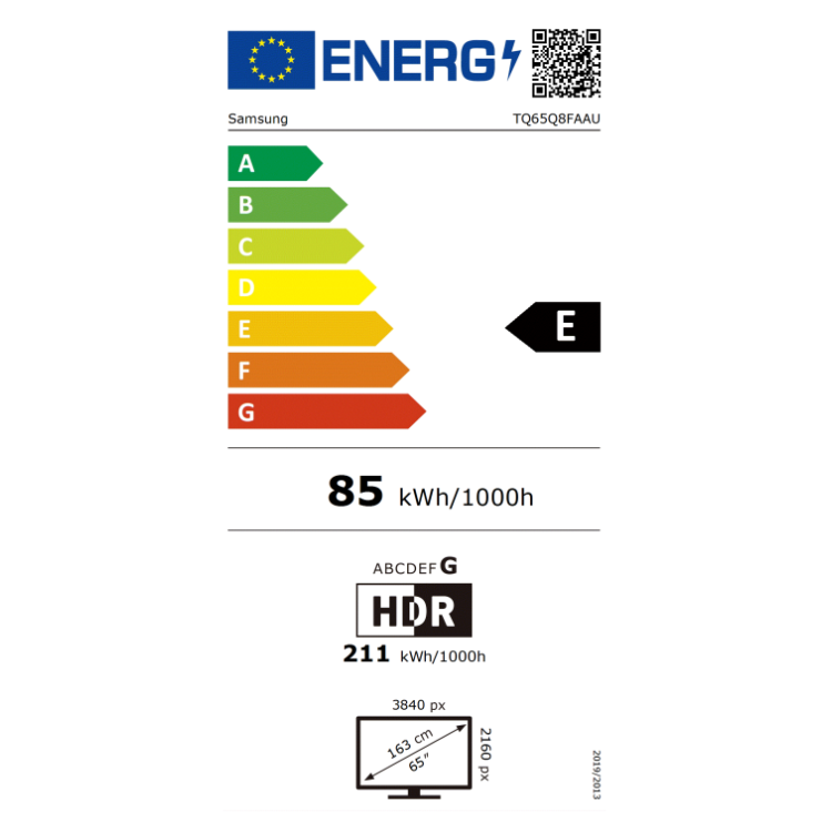 Etiqueta energética da televisão Samsung, eficiência E, 85 kWh/1000h.