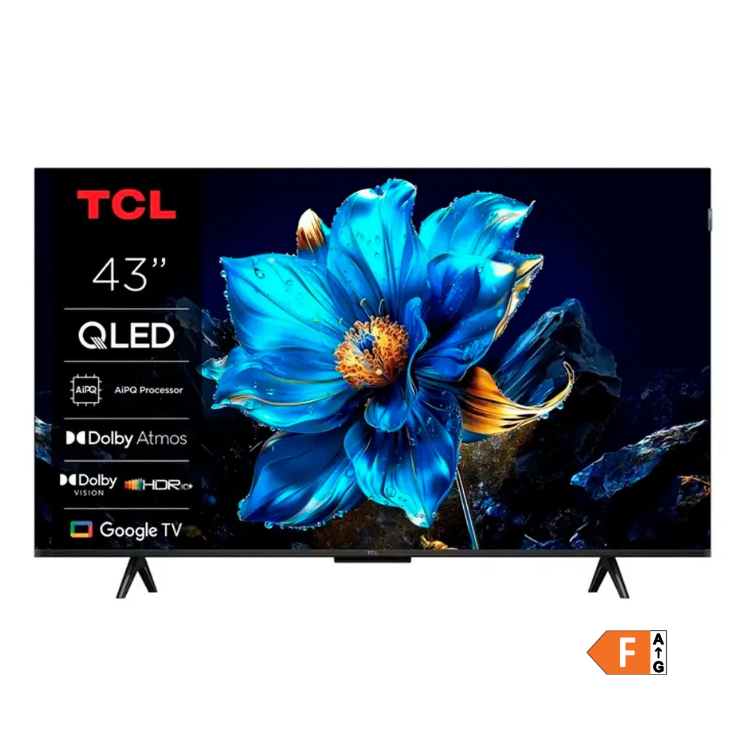 TCL 43" QLED 4K Ultra HD Smart TV com Google TV, imagem de uma flor azul vibrante.