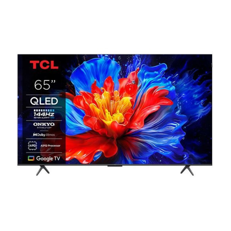 TCL Smart TV P8K 65" QLED 4K UHD 144Hz com imagem de flor colorida vibrante.