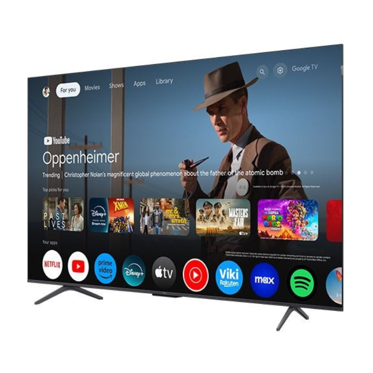 TCL P8K 65" QLED 4K UHD 144Hz, ecrã ligado com página inicial do YouTube e outros serviços de streaming.