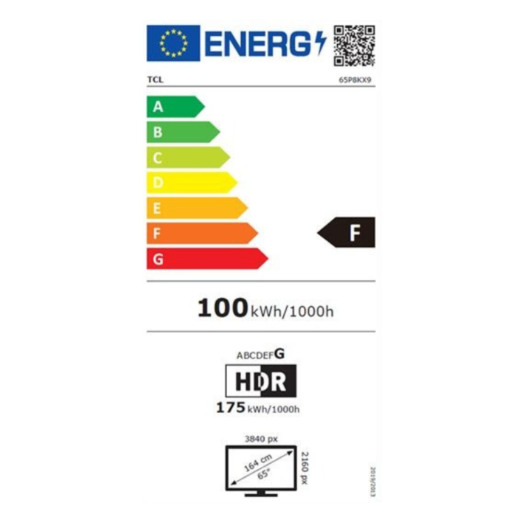 Etiqueta energética de eficiência de uma TV TCL 65P8K com classificação F, consumo de 100kWh/1000h, HDR, resolução 4K.