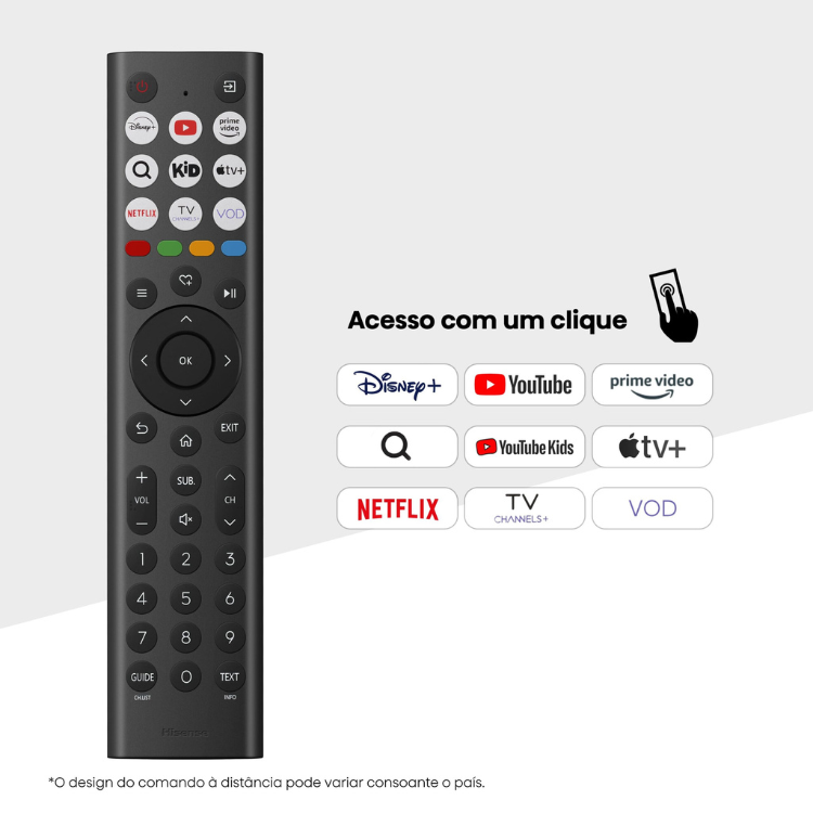 Controlo remoto preto da Hisense com vários botões e logótipos de serviços de streaming.