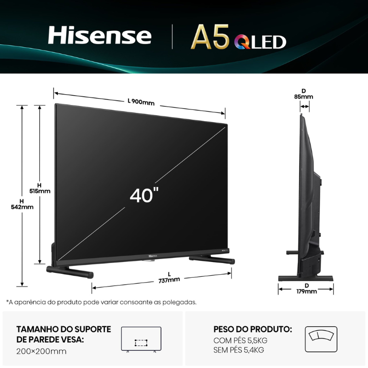 Televisão Hisense A5Q (2025) Smart TV FHD QLED 40" - Caixa Danificada