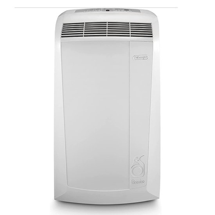 White Delonghi portable air conditioner, 9400BTU, front view.