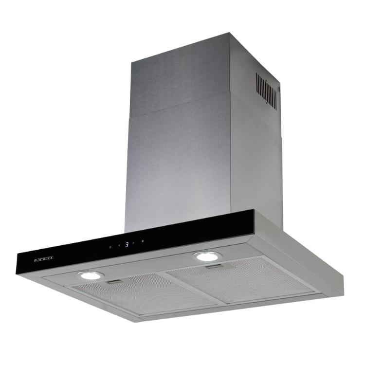 Exaustor de parede Jocel JCEID60-007520, 60cm, inox, com painéis de controlo e iluminação.