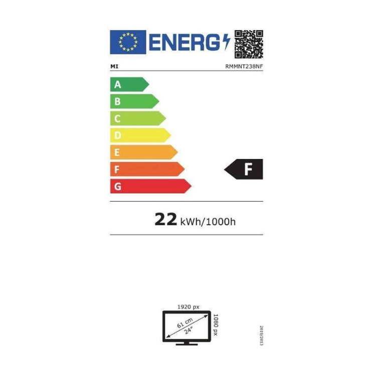 Etiqueta energética do monitor, eficiência F, 22 kWh/1000h.