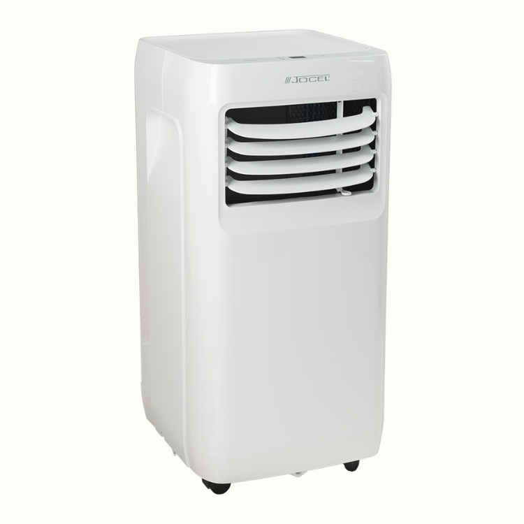 White Jocel portable air conditioner, 9000BTU, with front vents and black wheels.