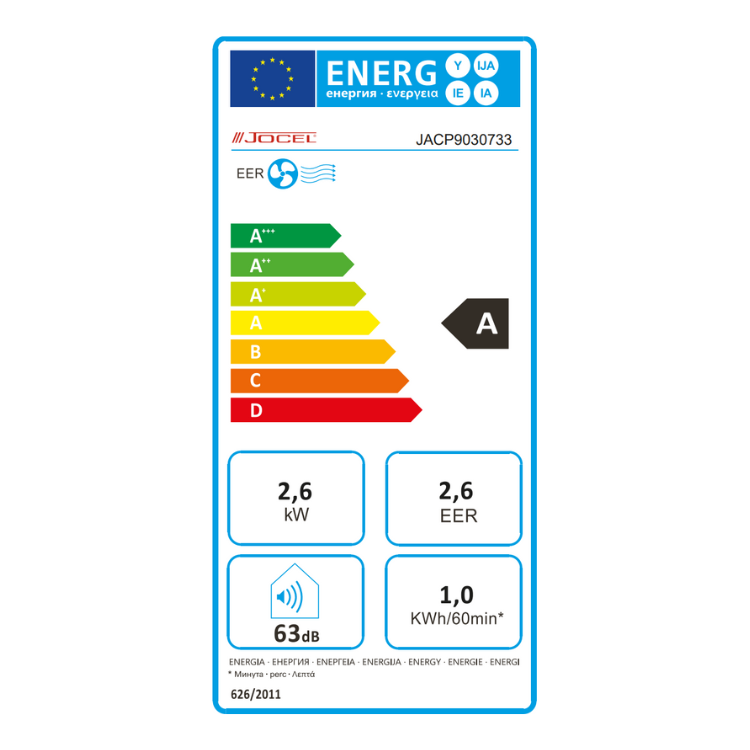 Jocel A rated energy label, 2.6 kW, 63 dB, A energy efficiency rating.