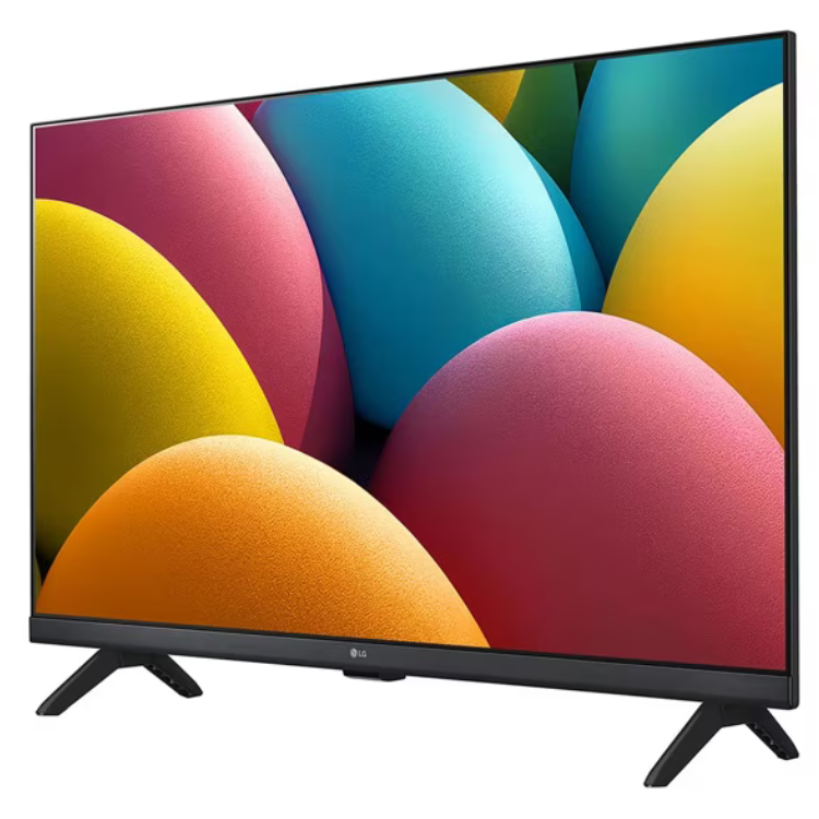 TV LG 4K LED 43" cor preta com imagem de esferas coloridas no ecrã.