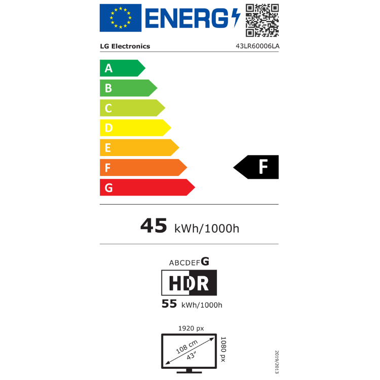 Etiqueta energética LG, 43LR60006LA, eficiência F, 45 kWh/1000h.