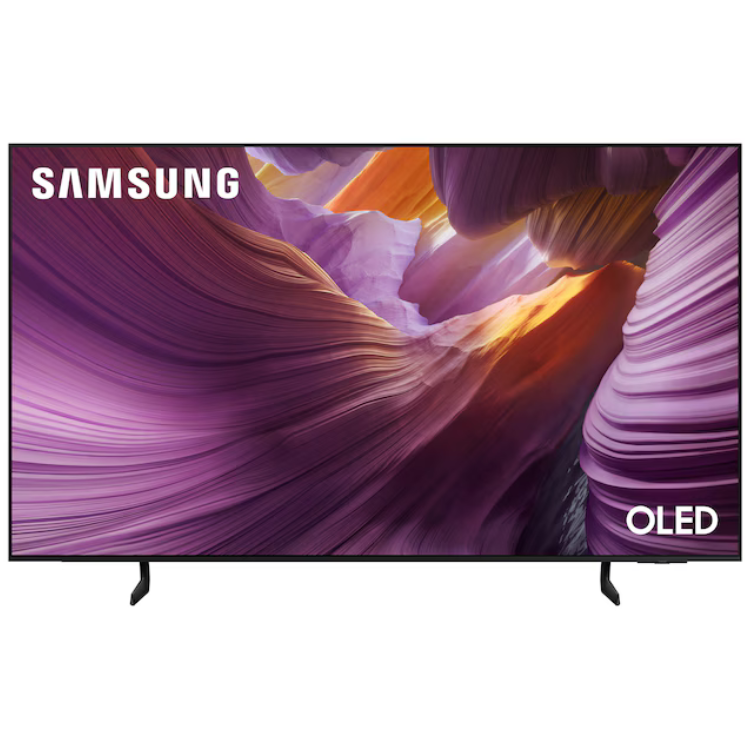 Samsung 55" OLED 4K Smart TV with purple canyon landscape on screen.