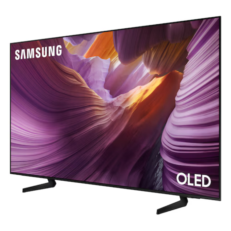 Samsung OLED 55" 4K Smart TV, purple and orange canyon scene on screen.
