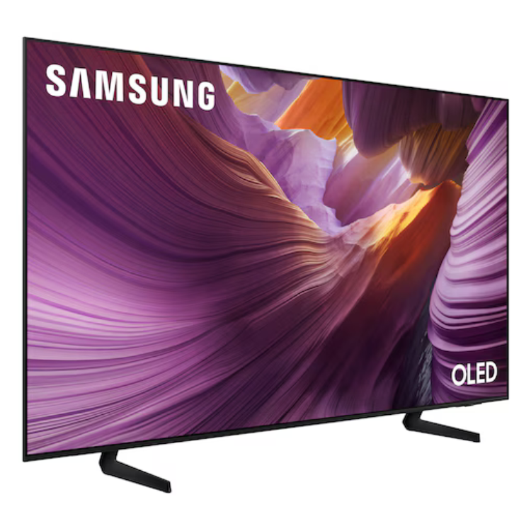 Samsung 55" OLED 4K Smart TV with purple canyon landscape on screen.