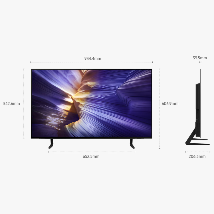 Televisão Samsung S90F 2025 Smart TV 4K OLED 42" preto com imagem de ecrã colorido.
