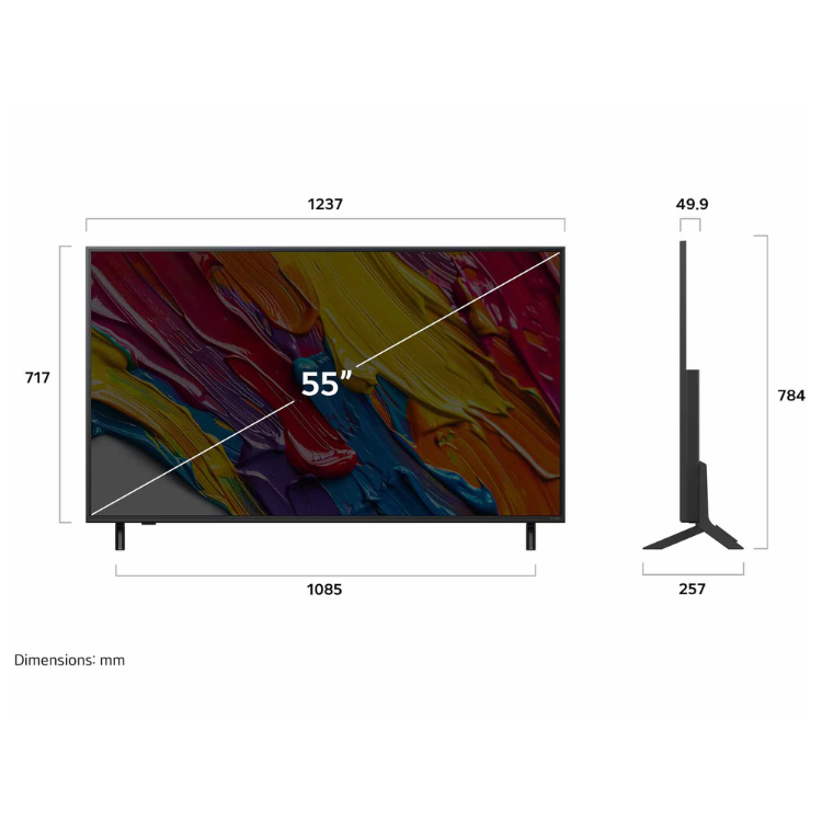 TV LG QNED82 55" 4K UHD com moldura preta e suporte, mostrando dimensões.