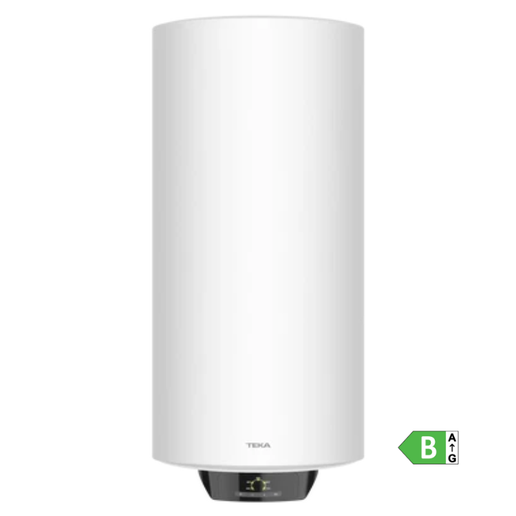 White Teka EWH100C water heater, 100L, 1500W, with digital display and energy efficiency label B.