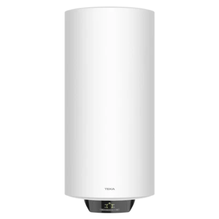 White Teka EWH100C water heater, 100L, 1500W, cylindrical, digital display.