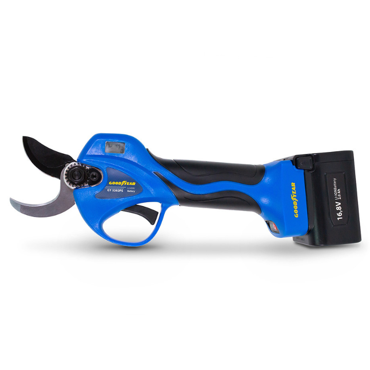 Blue cordless pruning shears, Goodyear 16.8V li-ion 2ah, 32mm cutting diameter.