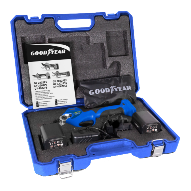 Blue and black cordless pruning shear in case with charger and battery, Goodyear brand.