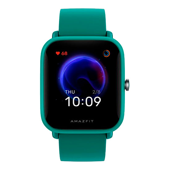 Smartwatch Amazfit Bip U verde, ecrã preto com mostrador digital e pulseira verde.