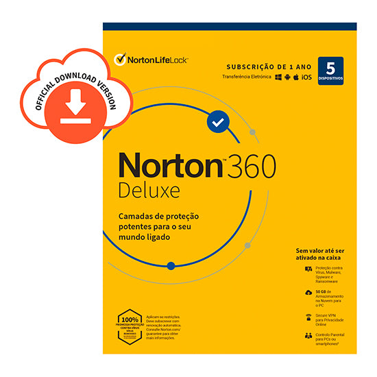 Norton 360 Deluxe box, yellow, 1 year subscription, 5 devices, Official Download Version sticker.