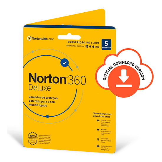 Norton 360 Deluxe box, yellow, 5 devices, 1 year subscription.
