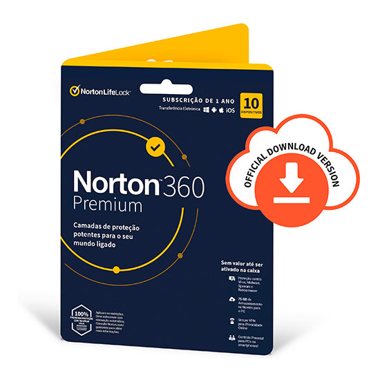 Norton 360 Premium box, dark blue and yellow, 1 year, 10 devices.