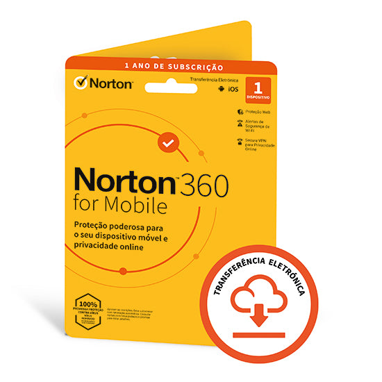 Norton 360 for Mobile product packaging, yellow card with black text, 1 device, 1 year subscription.