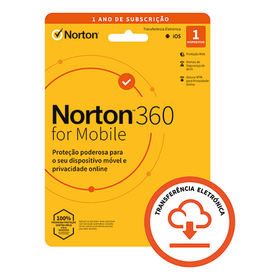 Norton 360 for Mobile product packaging, yellow and orange, with 1 year subscription and 1 device license.