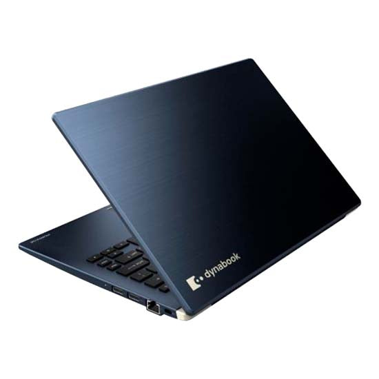 Dynabook Portégé X30L-G-11L dark blue laptop open, showing keyboard and logo.