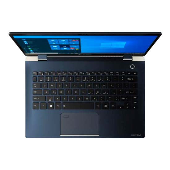 Dynabook Portégé X30L-G-11L laptop, dark blue, open, showing Windows 10 on 13.3" screen, black keyboard.