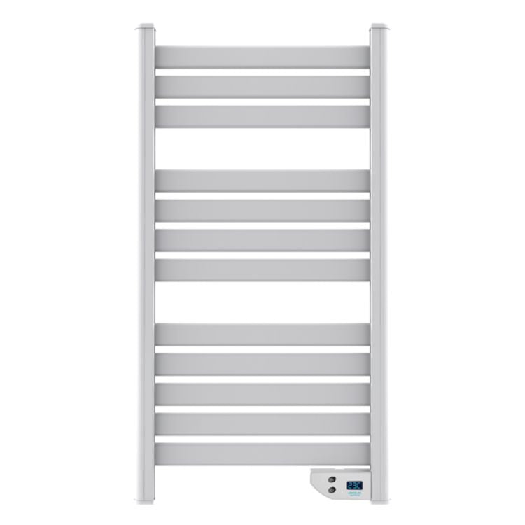 Toalheiro Elétrico Cecotec Ready Warm 9000 Twin Towel Branco, com 10 barras horizontais e painel de controlo digital.