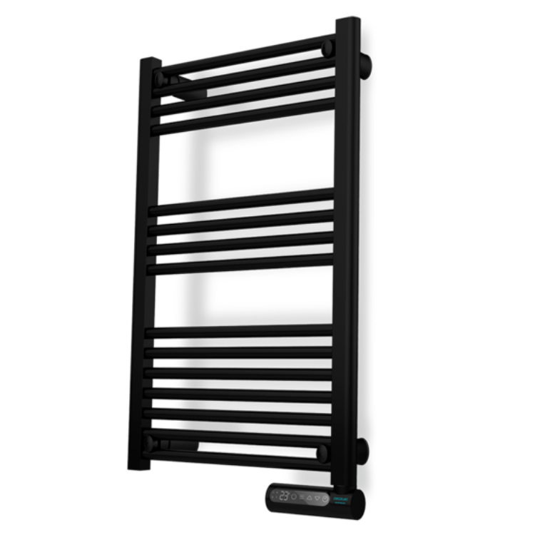 Black Cecotec Ready Warm 9100 Smart Towel electric towel rail with digital control panel.