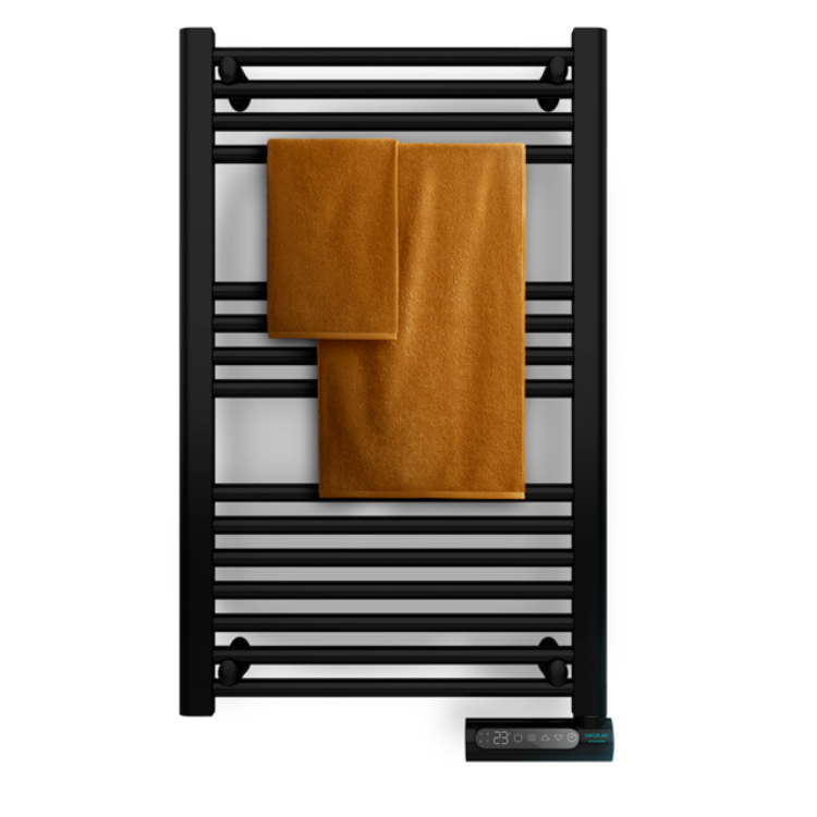 Black Cecotec Ready Warm 9100 Smart Towel electric towel rail with brown towel.