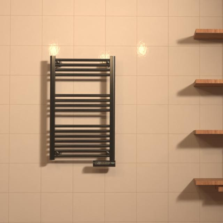 Black Cecotec Ready Warm 9100 Smart Towel electric towel rail, 500W, on beige tiled wall.