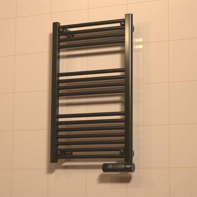 Black Cecotec Ready Warm 9100 Smart Towel electric towel rail with digital control, 500W.