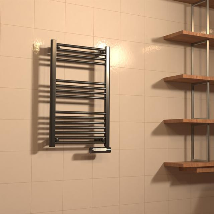 Black Cecotec Ready Warm 9100 Smart Towel electric towel rail, 500W, on beige tiled wall.