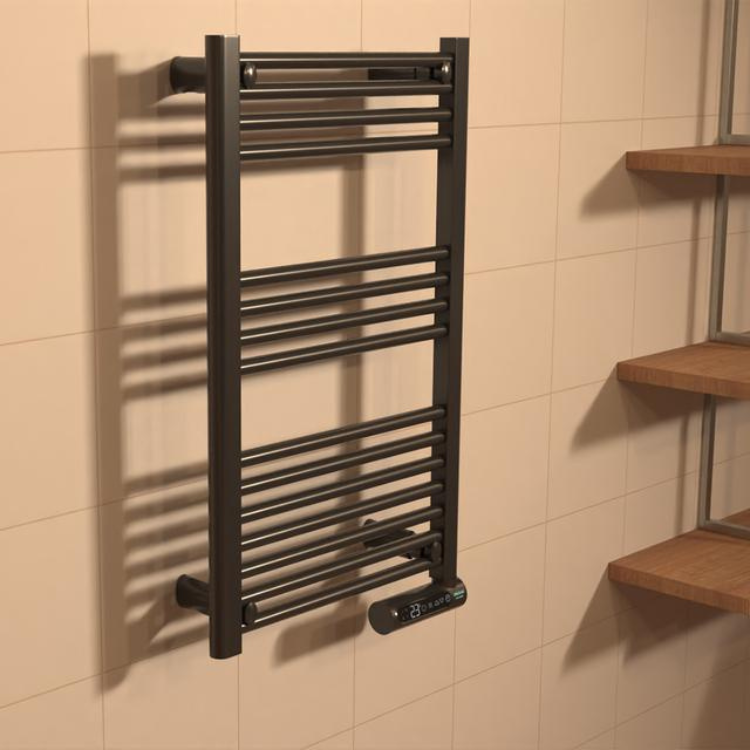 Black Cecotec Ready Warm 9100 electric towel rail with digital control, wall-mounted.