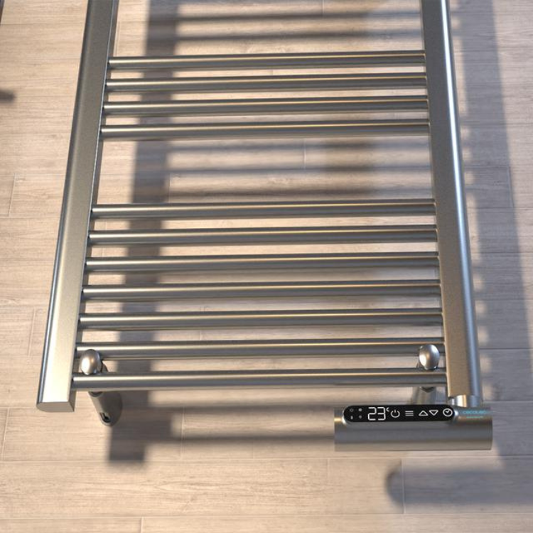 Cecotec Ready Warm 9100 Smart Towel electric towel rail, stainless steel, digital display showing 23 degrees.
