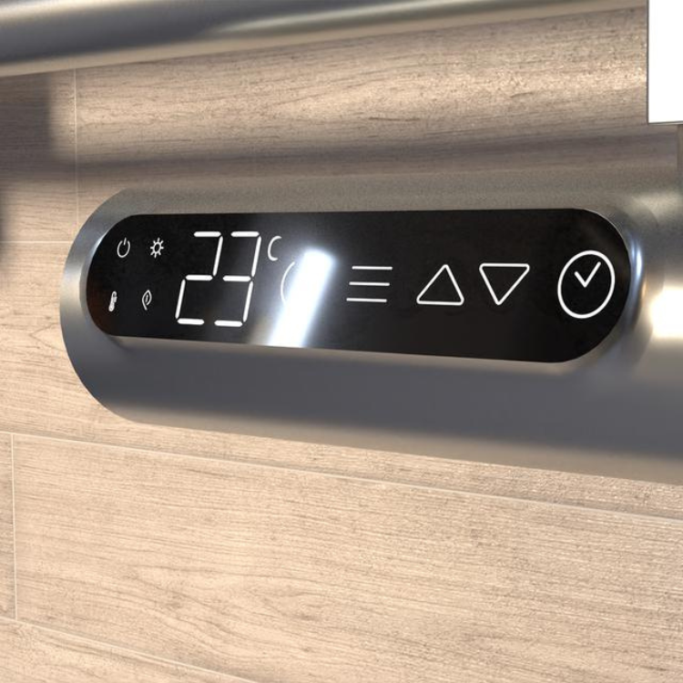 Cecotec Ready Warm 9100 Smart Towel inox electric towel rail control panel with 27°C temperature display.