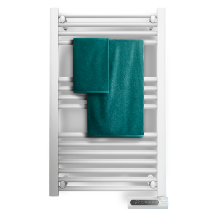 Toalheiro Elétrico Cecotec Ready Warm 9100 Smart Towel branco com toalha verde e painel de controlo.