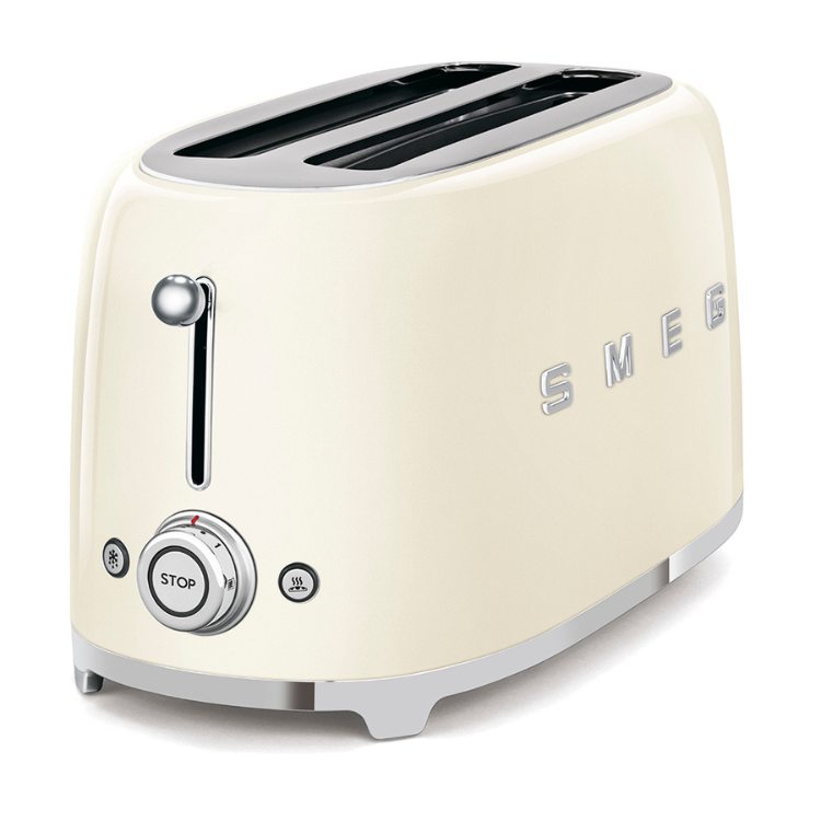 Smeg cream toaster, 4 slices, retro-style with stainless steel details.